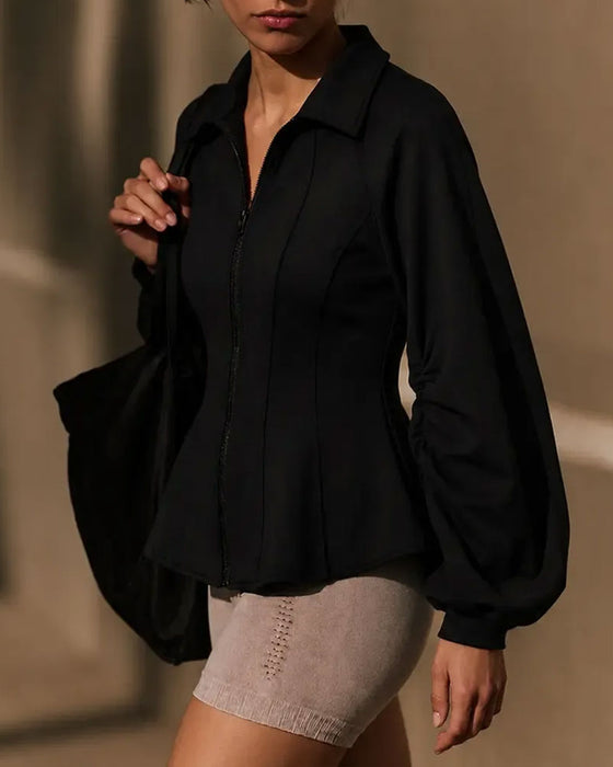 Manteau Revers Fermeture Éclair Taille Plissée