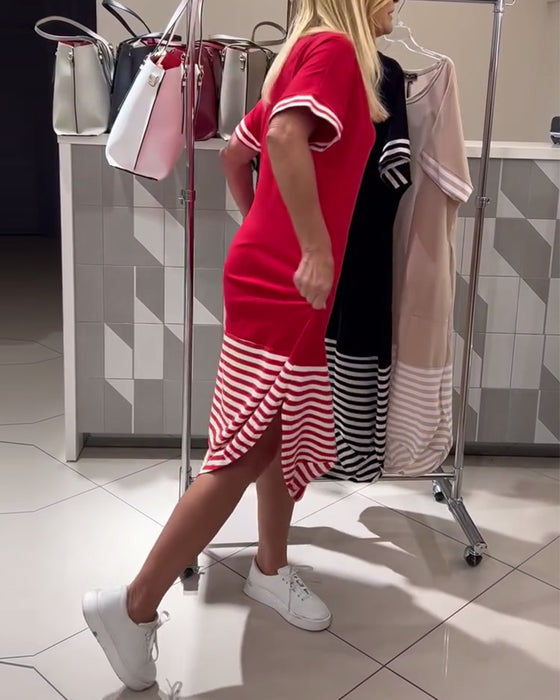 Kleid Kontraststreifen Kurzärmlig Casual