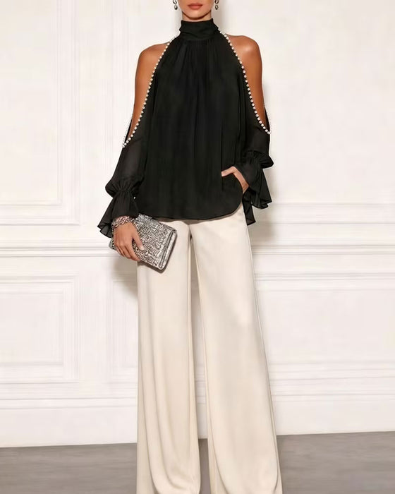 Blouse Col Roulé Off-Shoulder Volant