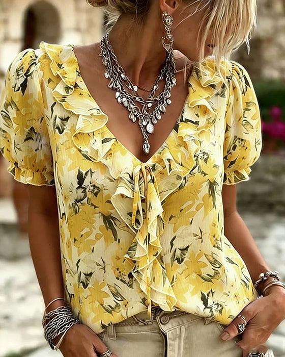 Blouse Col V Volant Manche Bouffante