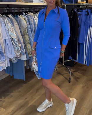 Robe Col Unie Fermeture Éclair Manches Longues