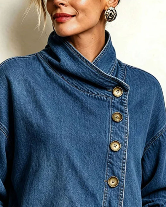 Manteau Bouton Diagonal Col Montant Denim