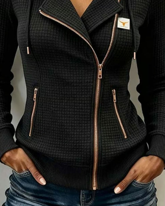 Manteau Fermeture Éclair Diagonale Gaufré À Capuche