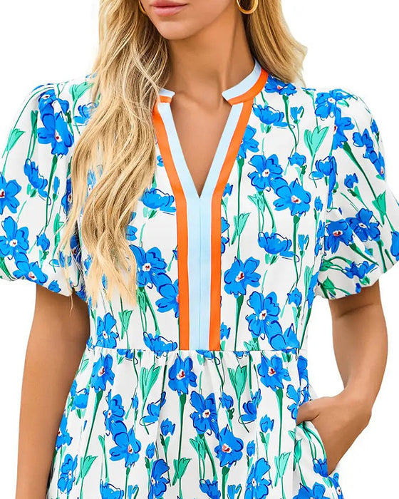 Robe Col V Floral Manche Ballon Patchwork
