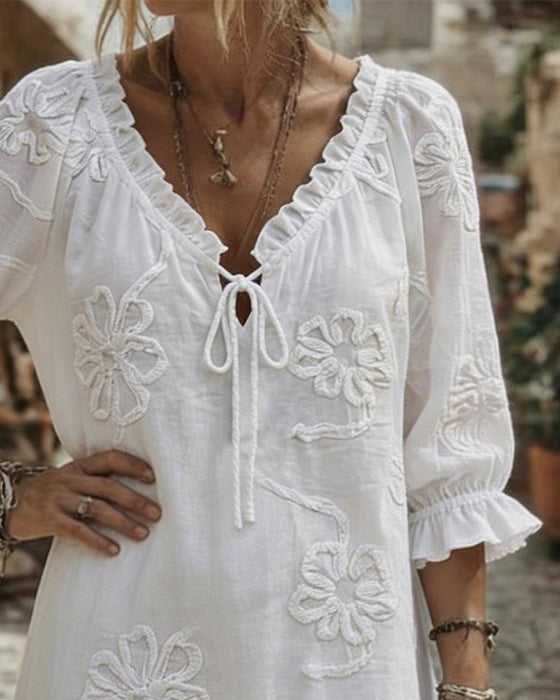 Robes Col V Volant Attacher 3D Floral