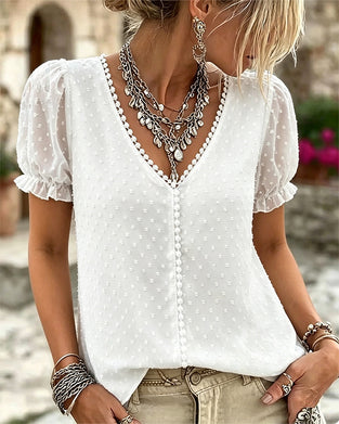 Blouse Jacquard Col En V Dentelle
