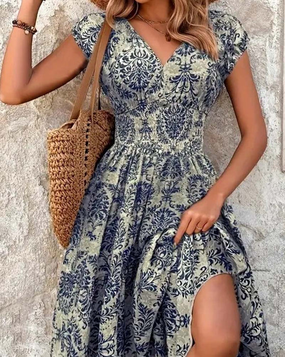 Robe Rétro Imprimé Col En V Taille Cintrée Longue