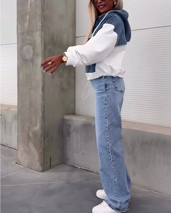 Sweat à capuche zippé en patchwork de denim décontracté