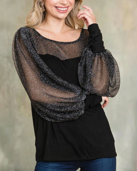 Blouse Sheer Manches Ballon Panneau Décontractée