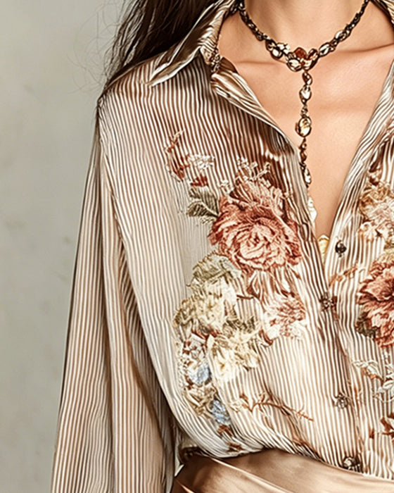 Blouse Revers Fleuri Rayure