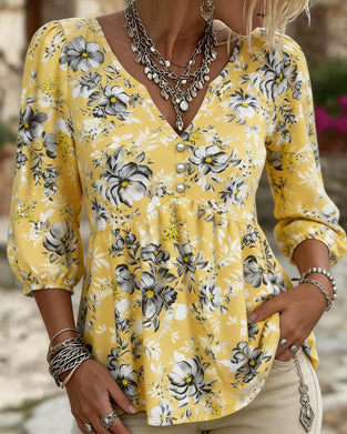 Blouse Col V 3/4 Manche Florale