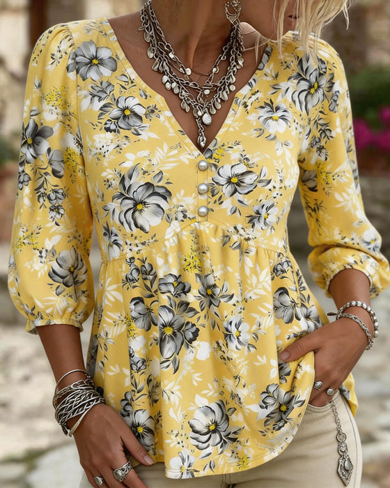 Blouse Col V 3/4 Manche Florale