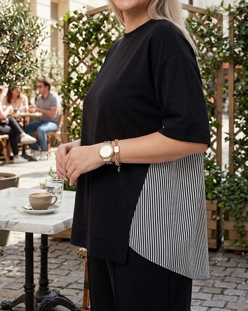 Blouse décontractée patchwork à fines rayures