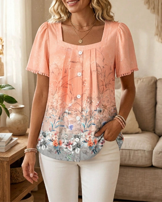 Blouse Col Carré Froncé Imprimé Frange