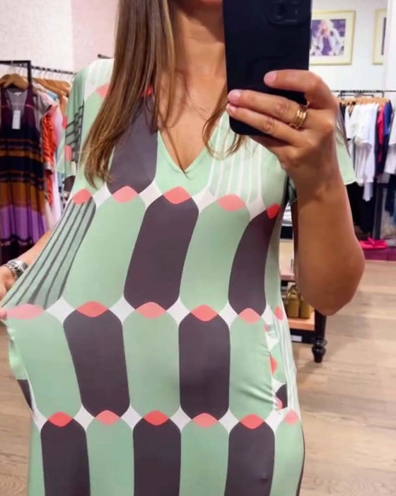 Robe Col En V Manches Courtes Jupe Ample