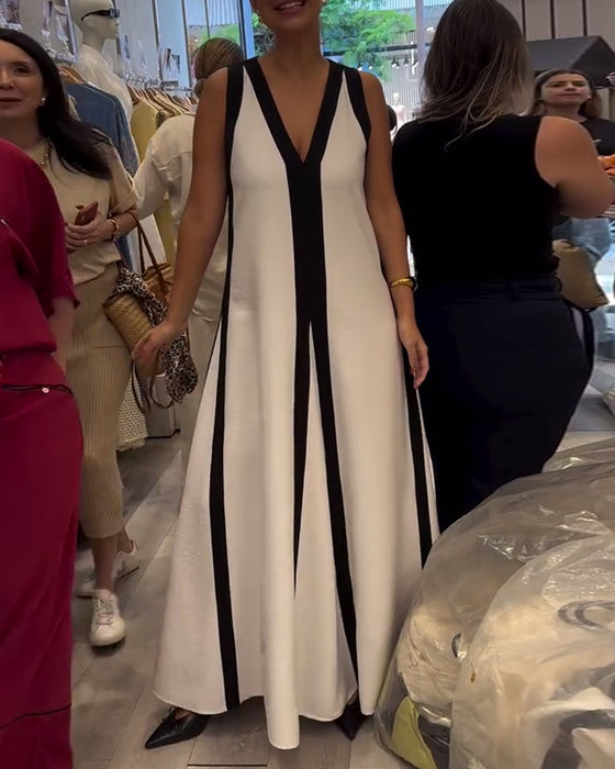 Robe Col en V Sans Manches Colorblock Lâche