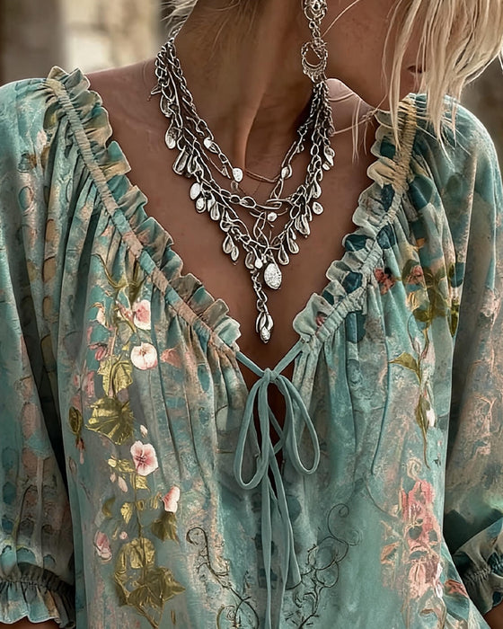 Blouse Imprimé Floral Cordon Manche Trois Quarts