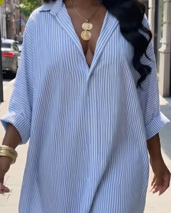 Robe Manches Longues Revers Lâche Rayée Chemise