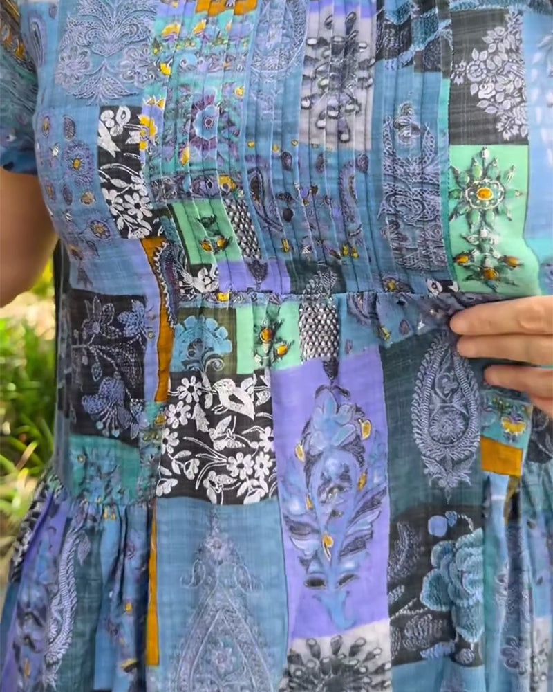 Robe Col Rond Plissée Imprimée Trapèze