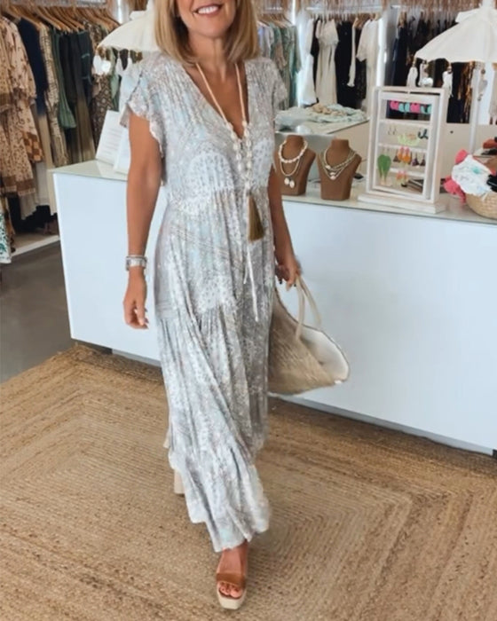 Robe à manches fendues et col en V imprimé vacances