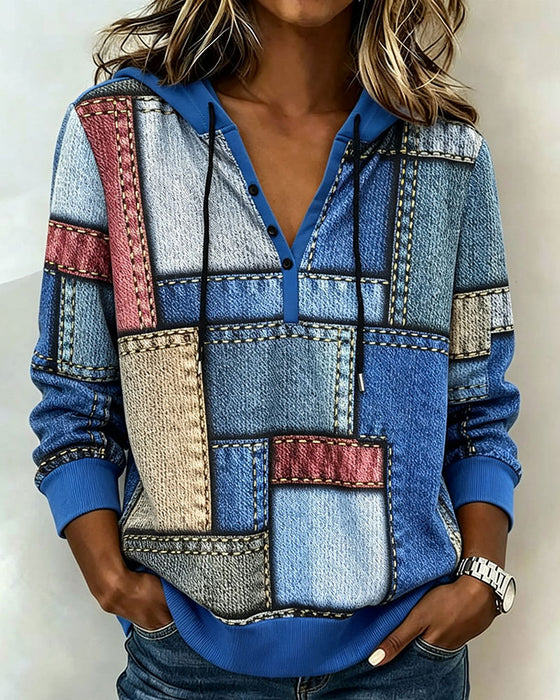 Hoodie Col V Bloc De Couleur Bouton