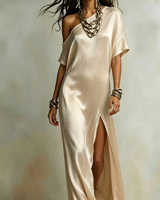 Robe Satin Une Épaule Fente Maxi