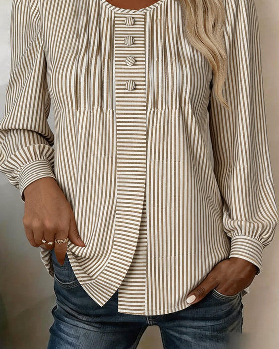 Blouse Col Rond Bouton Devant Rayure Manches Ballon