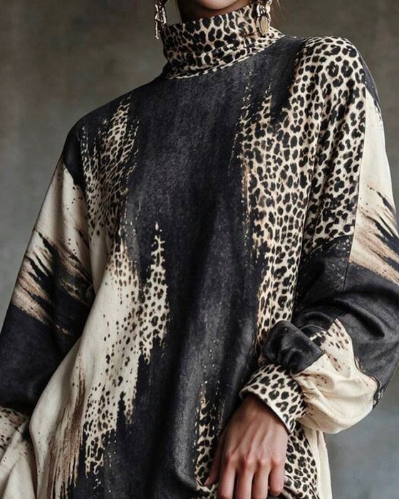 Robe Col Roulé Léopard Bloc De Couleur