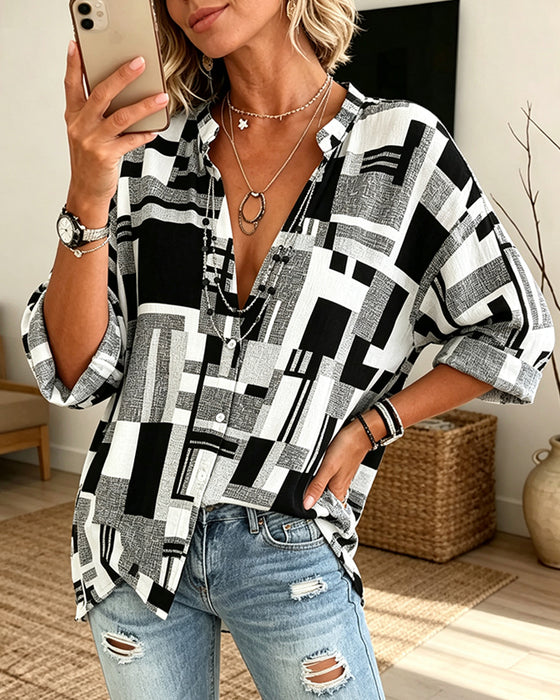 Blouse Imprimé Géométrique Col En V Décontractée
