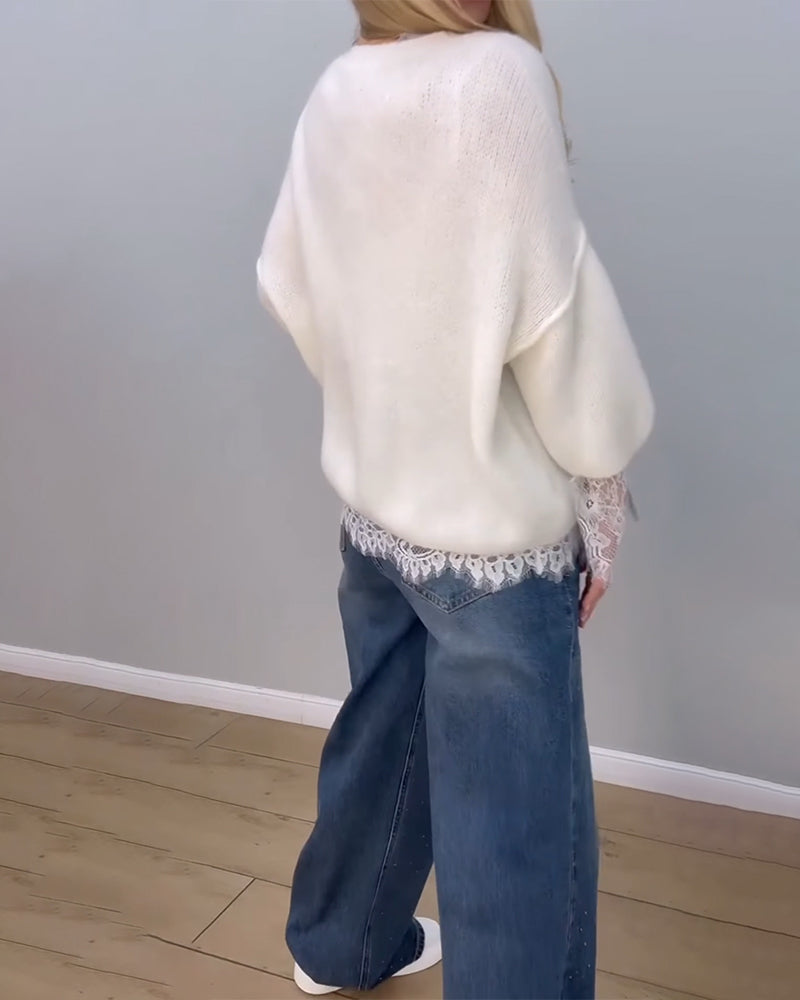 Pull Élégant Douillet Dentelle Patchwork