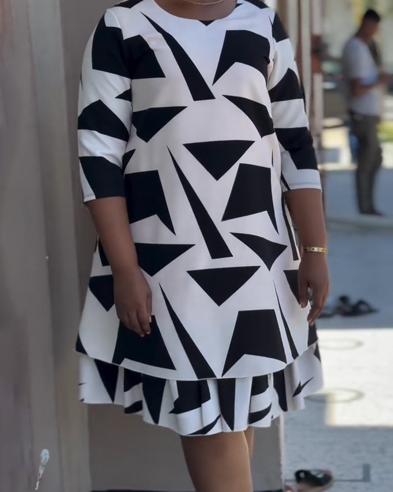 Robe Manches Courtes Imprimé Géométrique Maxi