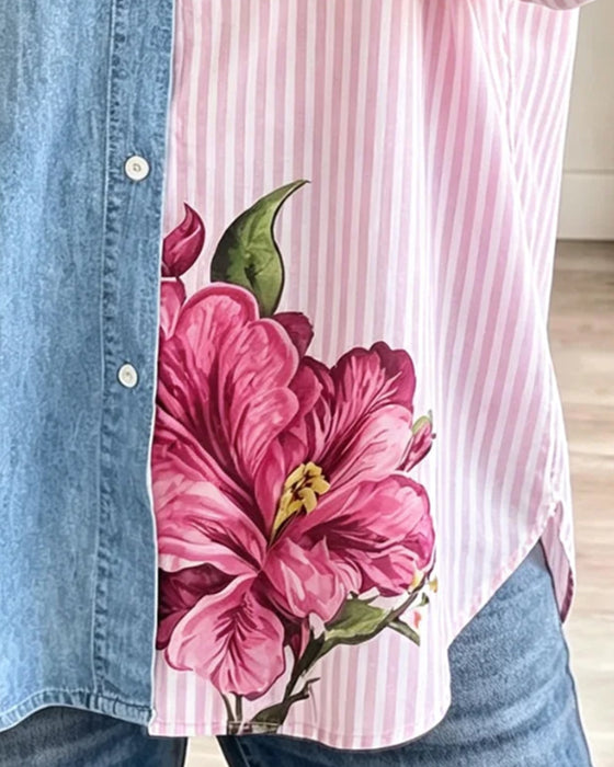 Chemise Fleurie Rayure Denim Patchwork