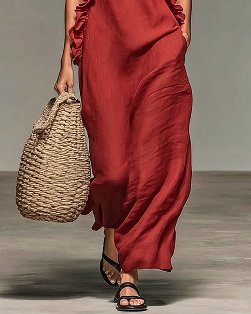 Robe Col Nuque Volantée Longue