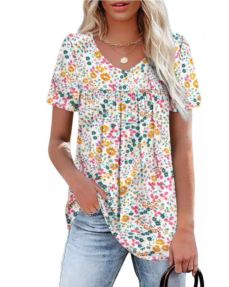 Blouse Fleurie Col V Manches Courtes