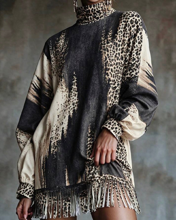 Robe Col Roulé Léopard Bloc De Couleur
