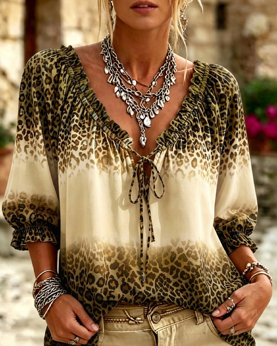 Blouse Col-V Imprimé Léopard Lacets