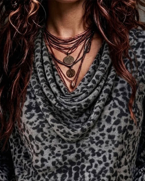 Blouse Col Mock Léopard Manche Longue