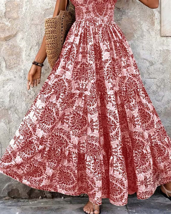 Robe Rétro Imprimé Col En V Taille Cintrée Longue