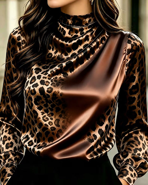 Blouse Col Mock Léopard Contraste Drapé