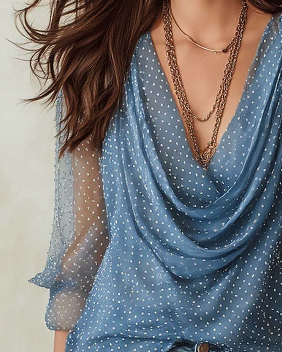 Blouse Col Mock Décontracté À Pois Mesh