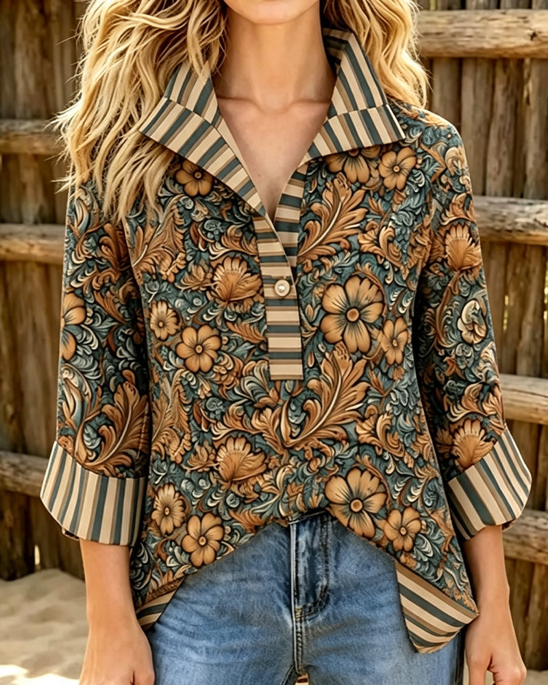 Blouse Revers Décontractée Florale Bouton