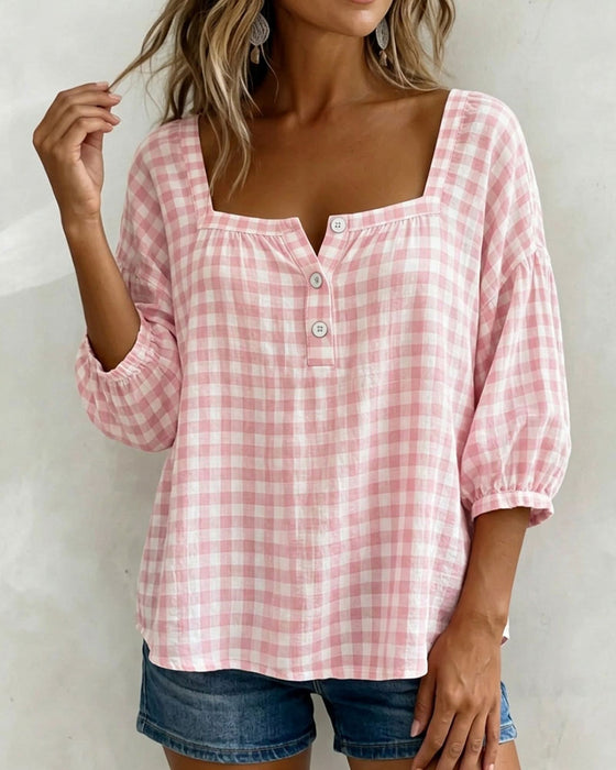 Blouse Col Carré Boutonnage Ecossais