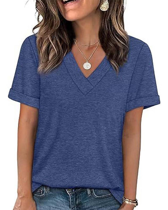 T-Shirt Unie Col En V Décontracté Manches Courtes