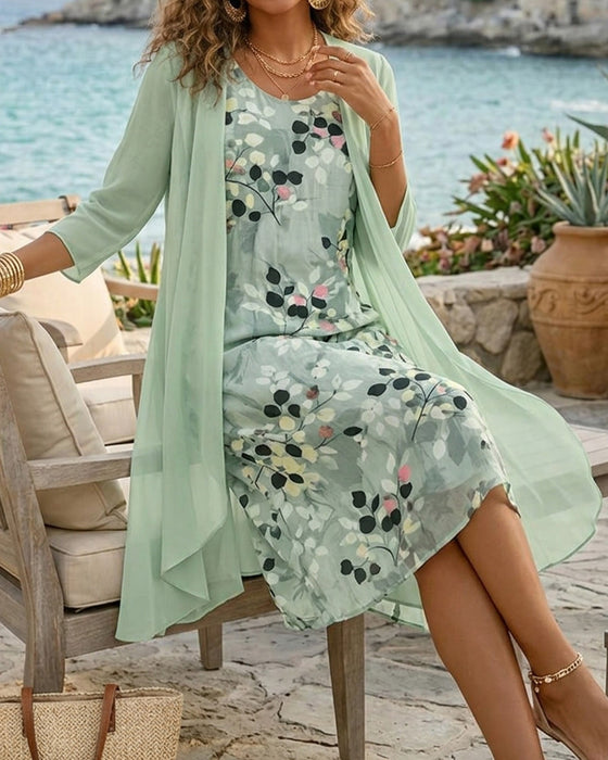 Ensemble Encre Feuille Verte Robe Sans Manches Cache