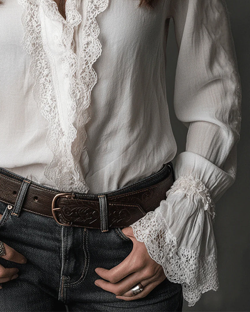 Blouse Dentelle Volant Manche Cloche