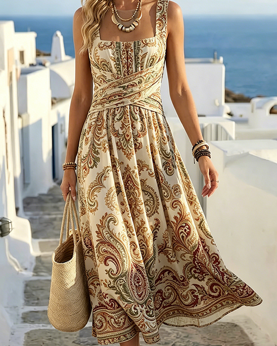 Robe Col Carré Bretelle Spaghetti Vintage Florale