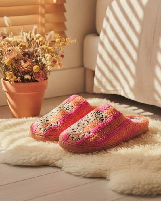 Damen Retro Gestreift & Leopard Flauschige Pantoffeln