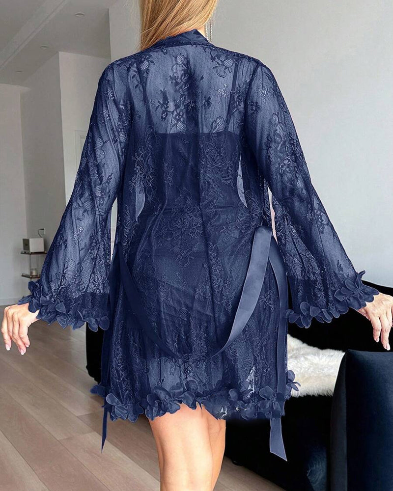 Robe Dentelle Cache-Cœur Bretelles Spaghetti Bordure Dentelle Pyjama