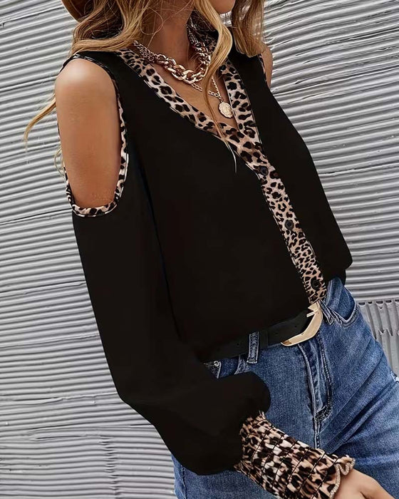 Blouse Hors Épaule Léopard Patchwork Manches Longues