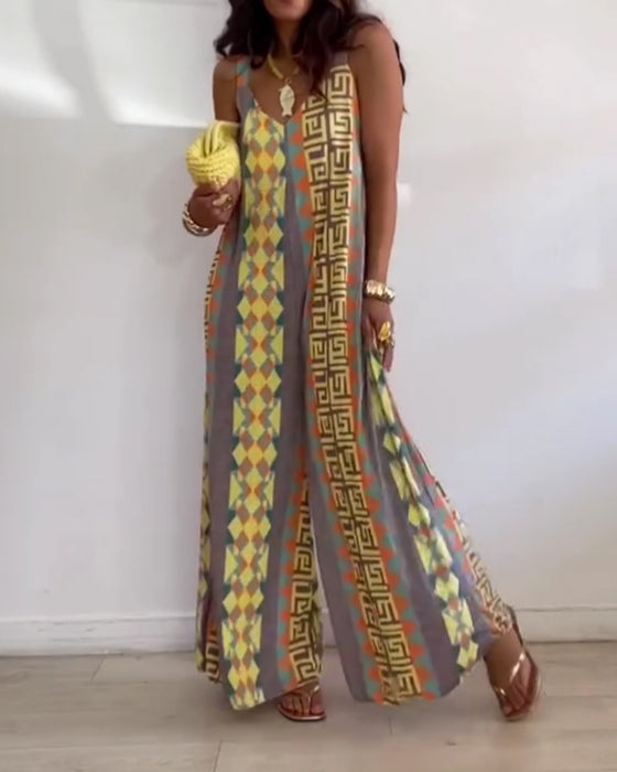 Jumpsuit Imprimé Géométrique Bretelle Spaghetti Jambe Large